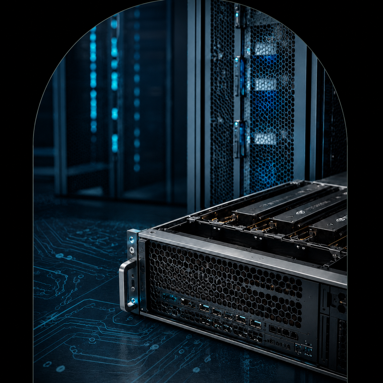 Detail of dark server hardware with warm metallic accents